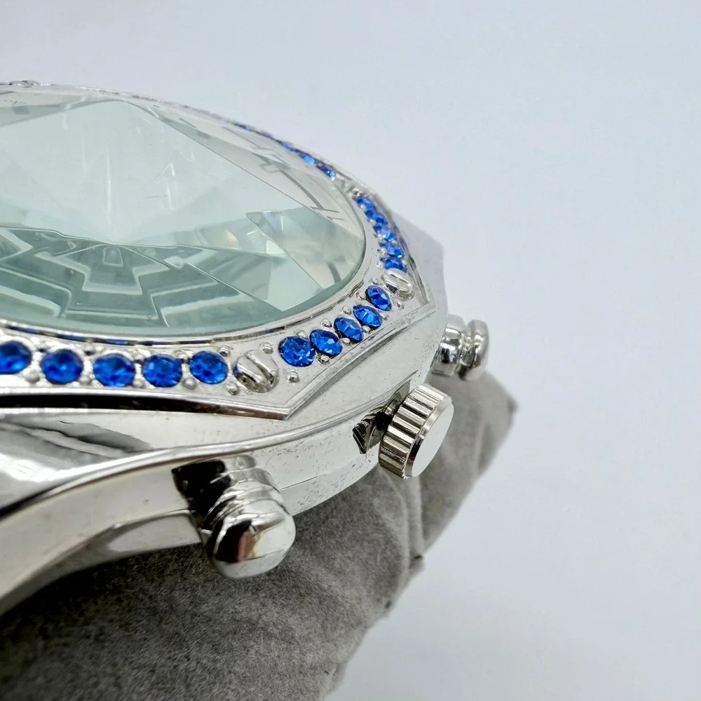 Blingster Crystal Bezel Mens Quartz Silver Steel Blue‎ Leather Rhinestone Watch